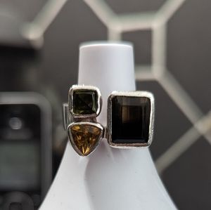 Citrine, Smokey quartz - Peridot ring- Sz 7.5